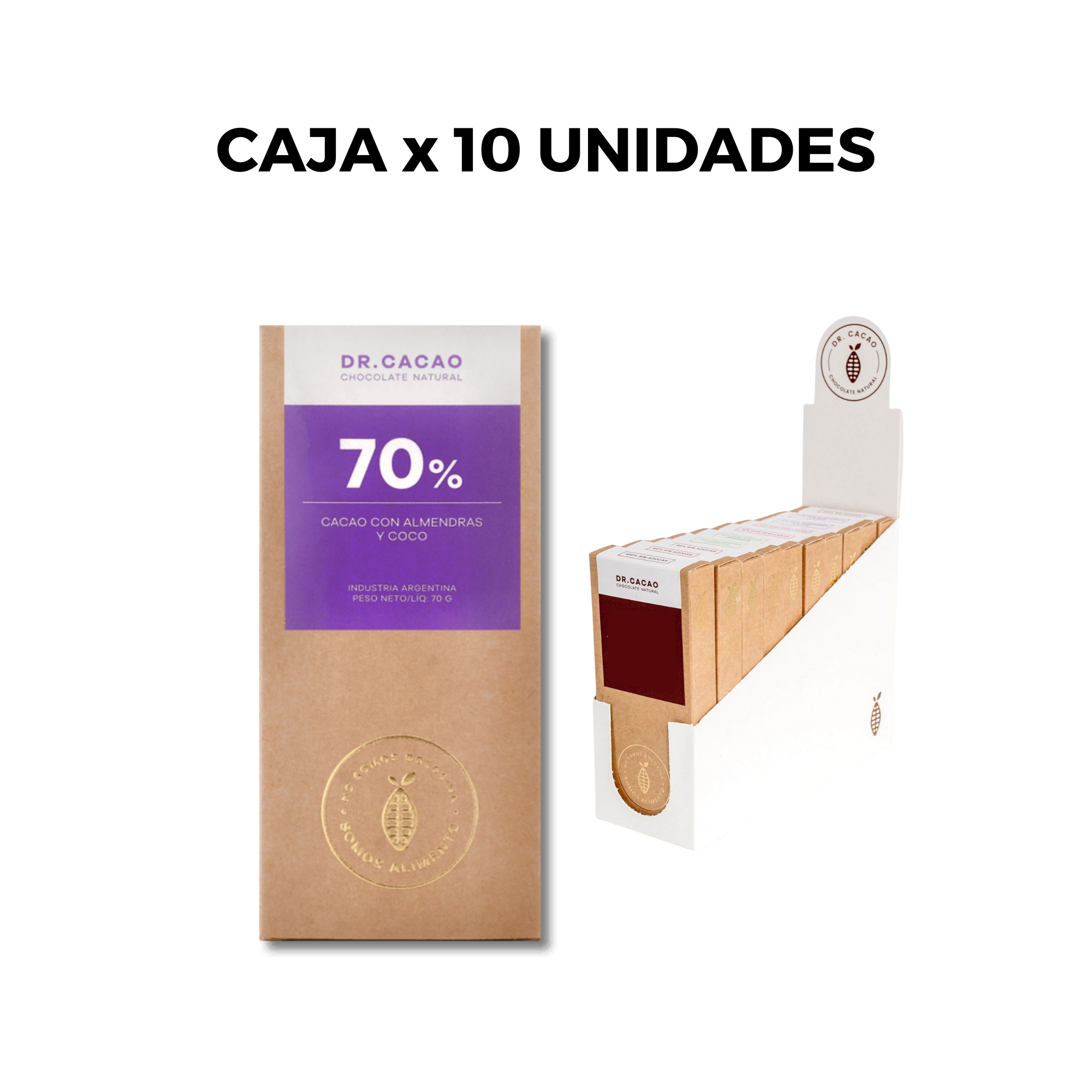 PACK X 10 – CHOCOLATE 70% + ALMENDRA Y COCO – DR CACAO